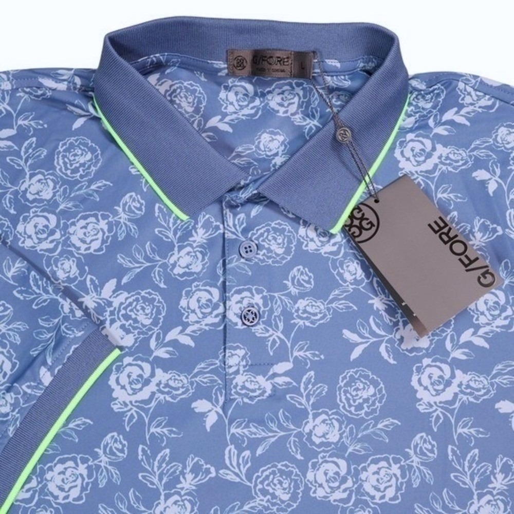 G/FORE Rose Floral Print Performance Polo Slate Blue Short Sleeve Mens Large NEW